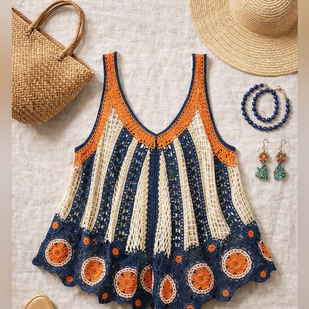 POL Indigo Crochet Sleeveless Top NWT One Size Boho Coastal Festival
